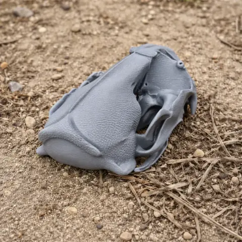 3D-printed gray otter skull replica on rocky ground.