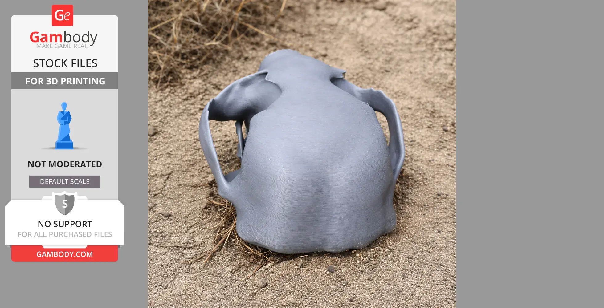 A 3D-printed otter shrew skull replica placed on sandy ground.