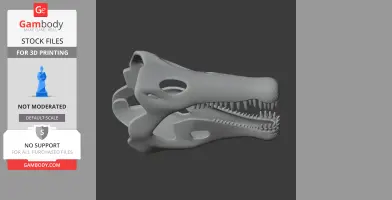 3D model of an Oxalaia dinosaur skull, side view, with visible teeth and nasal openings.