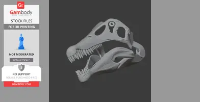 3D model of an Oxalaia dinosaur skull, featuring detailed teeth and bone structure, for printing.