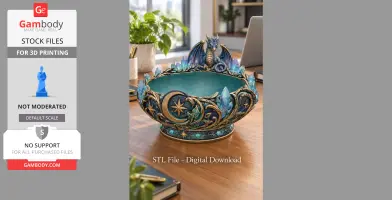 A decorative bowl featuring a dragon with crystal accents, moon, and star designs.