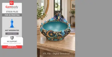 Ornate dragon bowl with celestial motifs and colorful crystal accents for 3D printing.