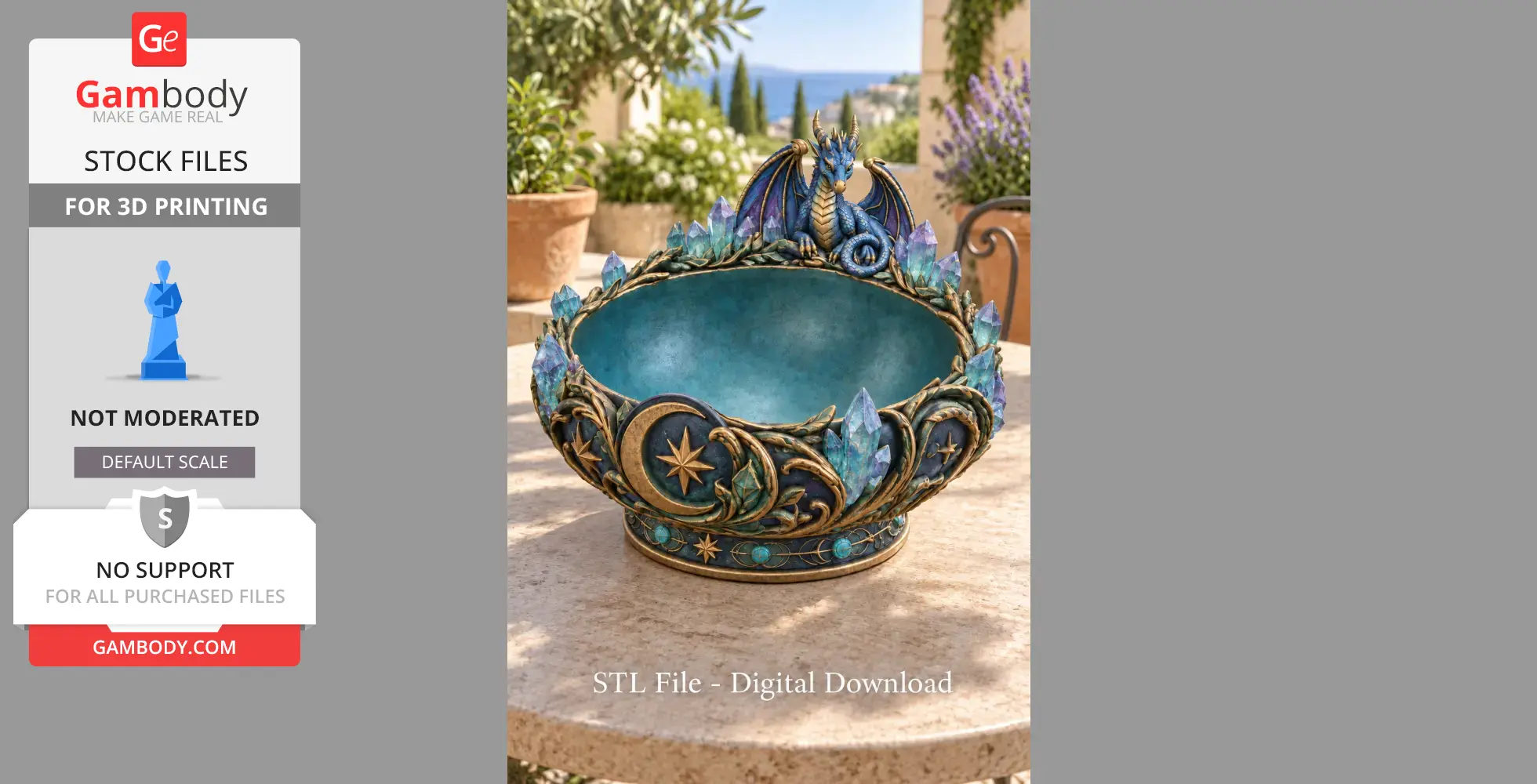 A detailed dragon-themed bowl with celestial motifs and crystal decorations.
