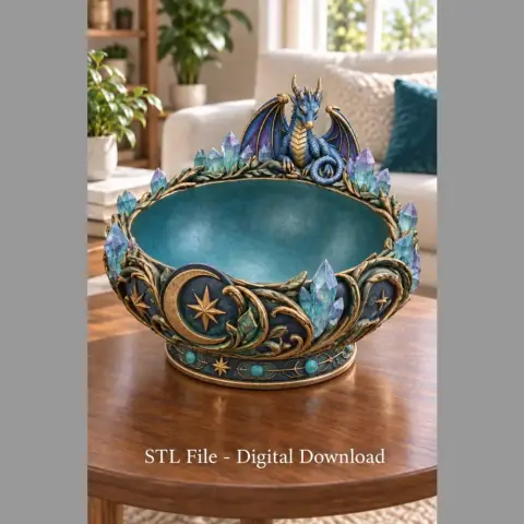 Intricately designed dragon bowl adorned with celestial and crystal motifs.