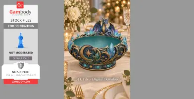Ornate bowl with celestial designs, crystals, and a dragon perched on top, set on an elegant table.