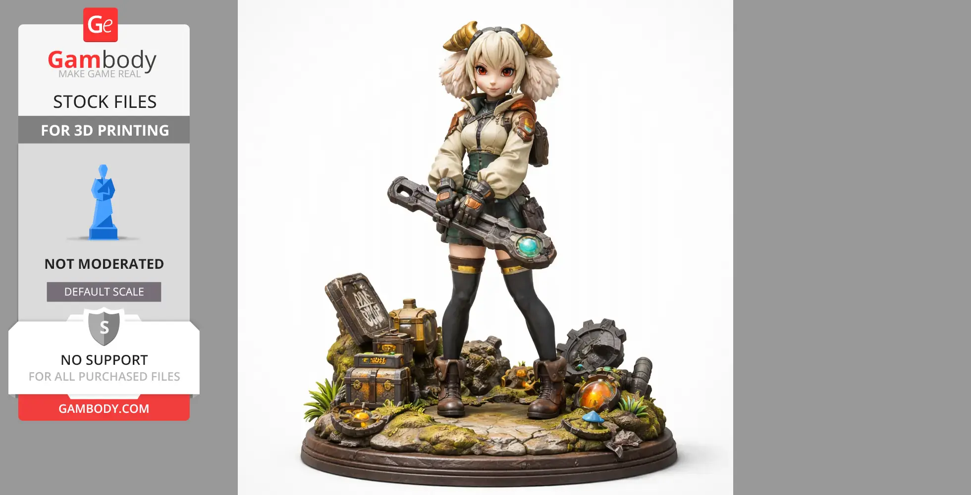 A detailed 3D model of a character in adventure attire holding a futuristic tool, standing on a themed base.