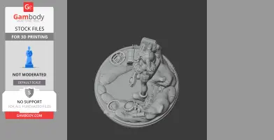 A detailed 3D character model standing on a round base, featuring equipment and textured elements.
