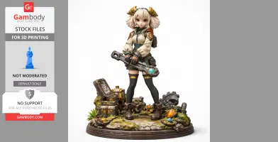 A detailed 3D model of a character in adventure attire holding a futuristic tool, standing on a themed base.