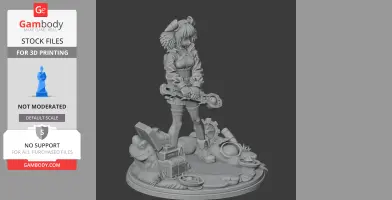 3D model of a character with headphones, holding a large tool, standing on a detailed base with objects.