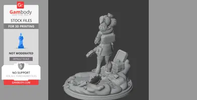 A character figure standing on a textured base with various objects like suitcases and a hose around them.