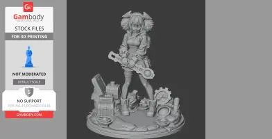 A detailed 3D figure of a character with horns holding a large wrench, standing on a gear-laden base.