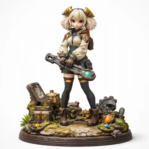 A detailed character figure with mechanical attire, holding a large tool, on a themed base with scattered items.