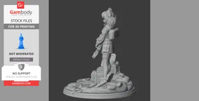 A detailed 3D figure of a person standing with a brush, surrounded by cartoonish debris.