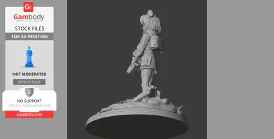Character figure with a backpack and detailed attire, standing on a textured base.