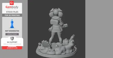A 3D model of a character with pigtails standing on a decorated base with large props around.
