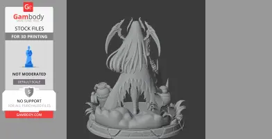 A figure with long hair, ornate armor, and weapons stands on a detailed base with urns and plants.