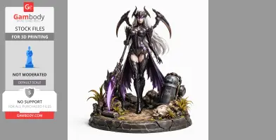 Dark armored figure with scythes, standing on rocky base, surrounded by plants and skulls.