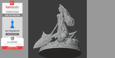 A detailed 3D model of a warrior character with flowing hair, holding a large weapon, on a decorative base.