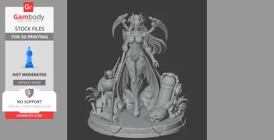 Armored figure with long hair, holding a staff, stands on a detailed base with vegetation and artifacts.