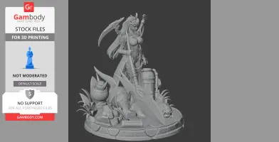 A warrior woman figure with long hair and armor, holding a scythe, on a detailed decorative base.