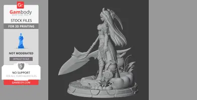 A 3D-printed figure of a warrior woman with long hair and a large blade, standing on a detailed base.