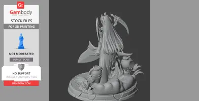 Gothic character figure with long hair, scythe, and intricate base featuring urns and foliage.