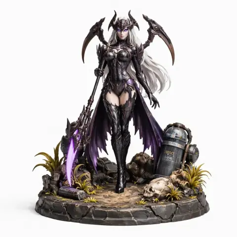 Armor-clad female warrior with dual scythes, long hair, and cape, standing on a detailed rocky base.