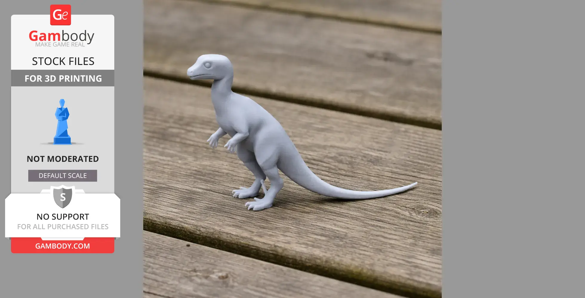 Gray 3D model of a small dinosaur-like creature on a wooden surface.