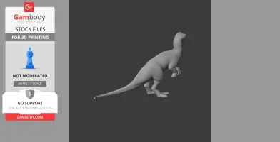 A 3D model of a bipedal dinosaur with a long tail and small arms, designed for 3D printing.