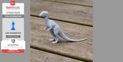 Gray 3D model of a small dinosaur-like creature on a wooden surface.