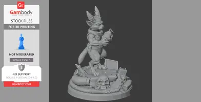 Anthropomorphic creature with horns holding an object, standing on a detailed base with skull and debris.