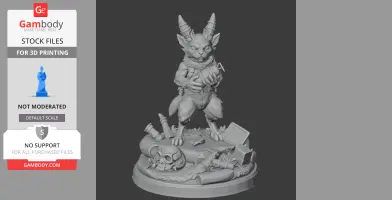 Creature with horns holding object, standing on a detailed base with skull and debris. 3D print model.