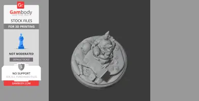 A detailed character figure sitting on a circular base, featuring mechanical and tech elements, ready for 3D printing.