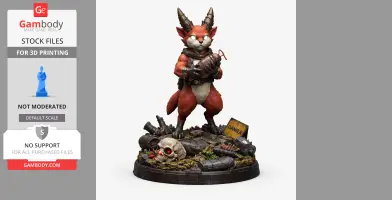 A horned, anthropomorphic fox character holds a grenade, standing on a detailed base with skull and debris.