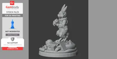 A humanoid creature with horns holding an object, standing on a detailed base with debris for 3D printing.