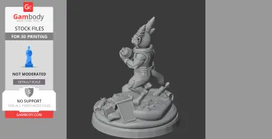 A detailed 3D model of a humanoid creature with pointed headgear, crouched on a rocky base, holding an object.