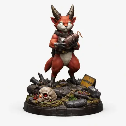 A horned, fox-like figure stands on a detailed base with debris and a skull, holding a round object.