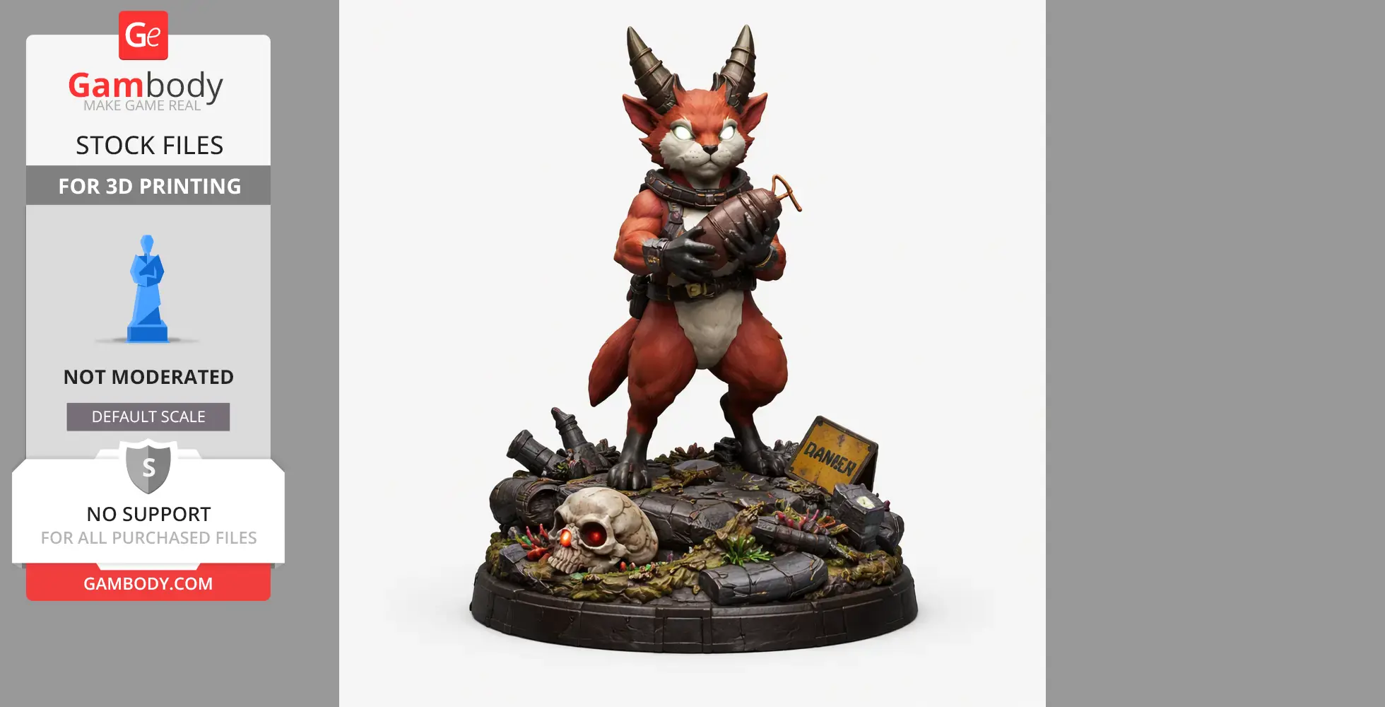 A horned, anthropomorphic fox character holds a grenade, standing on a detailed base with skull and debris.