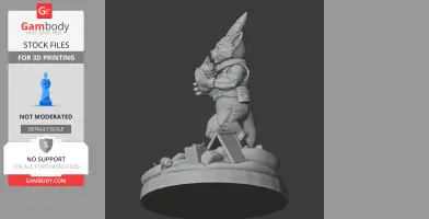 A humanoid creature with a pointed head and armor, holding an object, standing on a detailed base.