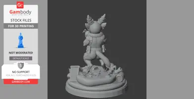 Anthropomorphic character with horn-like features, standing on a detailed base, viewed from behind.