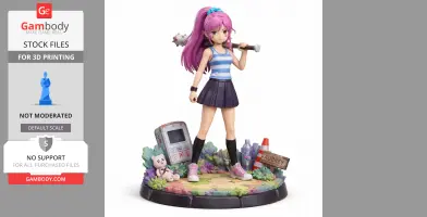 3D figure of a girl with pink hair, holding a bat, surrounded by objects on a decorative base.