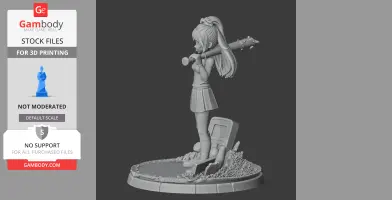 Young girl with long hair holding a spiked bat, standing on a detailed base with objects around.