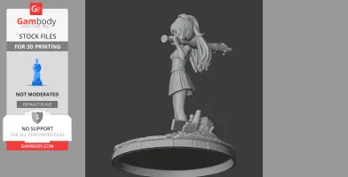 A 3D print model of a girl with long hair holding a bat, standing on a detailed base.