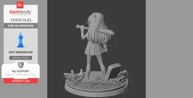 A 3D model of a character with long hair holding a spiked bat, standing on a detailed, round base.