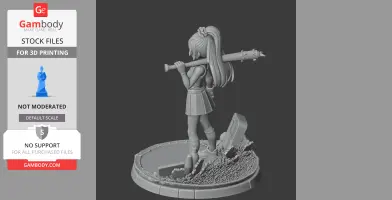Character figure with ponytail holding a bat on shoulder, standing on a detailed base.