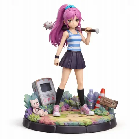 A figure of a pink-haired girl in a striped shirt with a bat, surrounded by objects on a detailed base.