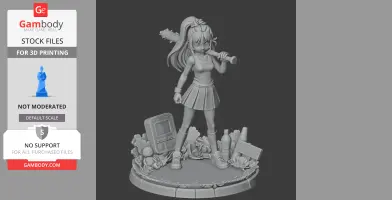 Figure of a girl holding a bat, standing on a decorated base with a toy, plants, and a bottle.
