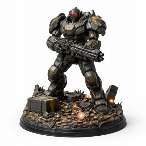 Armored mech character figure with a large gun stands on a detailed, debris-strewn base.
