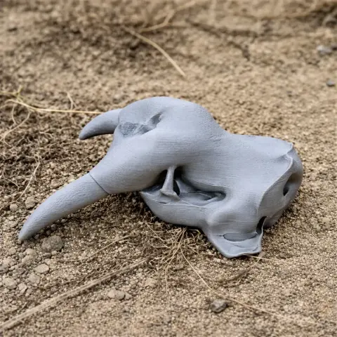 3D-printed Pacific walrus skull replica resting on sandy ground.