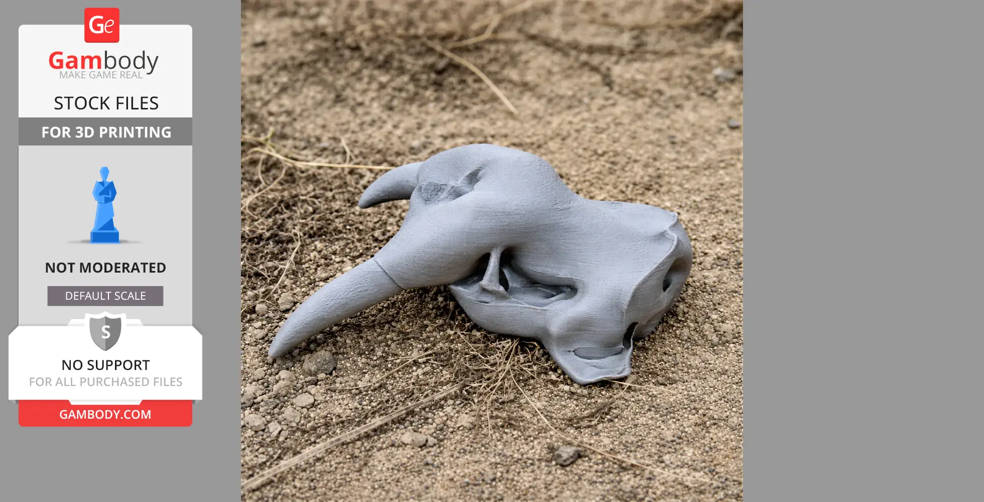 A 3D printed Pacific walrus skull replica lies on textured sand.